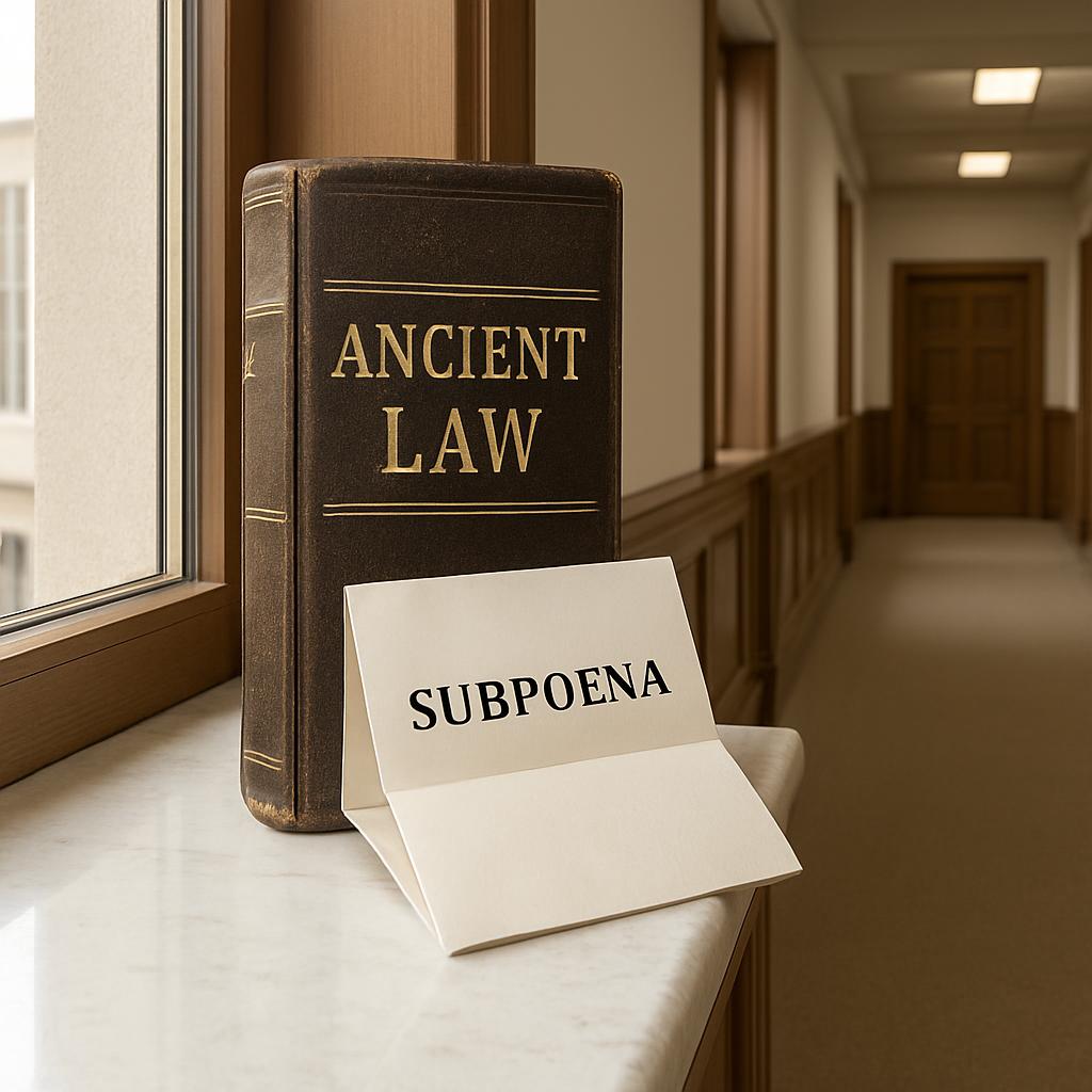 A book displaying the words "Ancient Law" sits next to a folded white card reading "SUBPOENA".