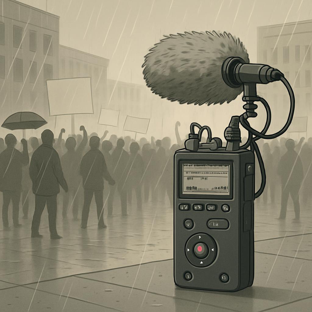 Alt Text: Gray handheld audio recorder set up to capture audio during a rainy protest-filled urban scene.