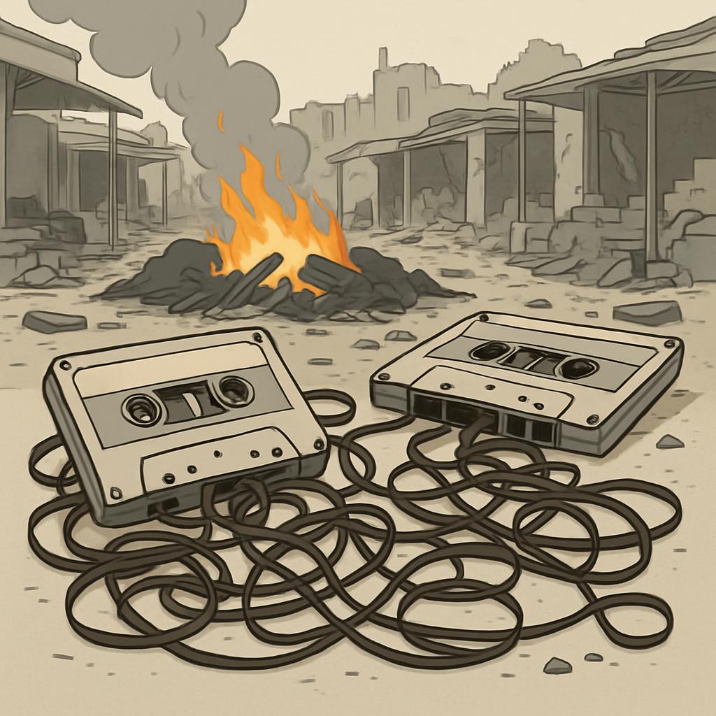 In a post-apocalyptic scene, two cassette tapes are scattered amidst the ruins, surrounded by debris and rubble. A fire bu...