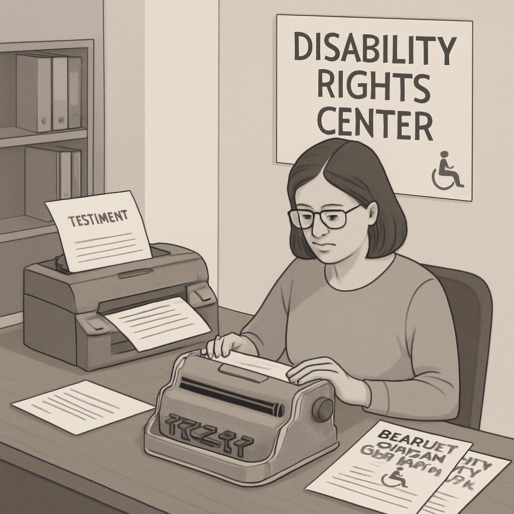 A woman works at a desk, typing on a typewriter in front, as a nearby printer spits out a sheet bearing the word "TESTIMEN...