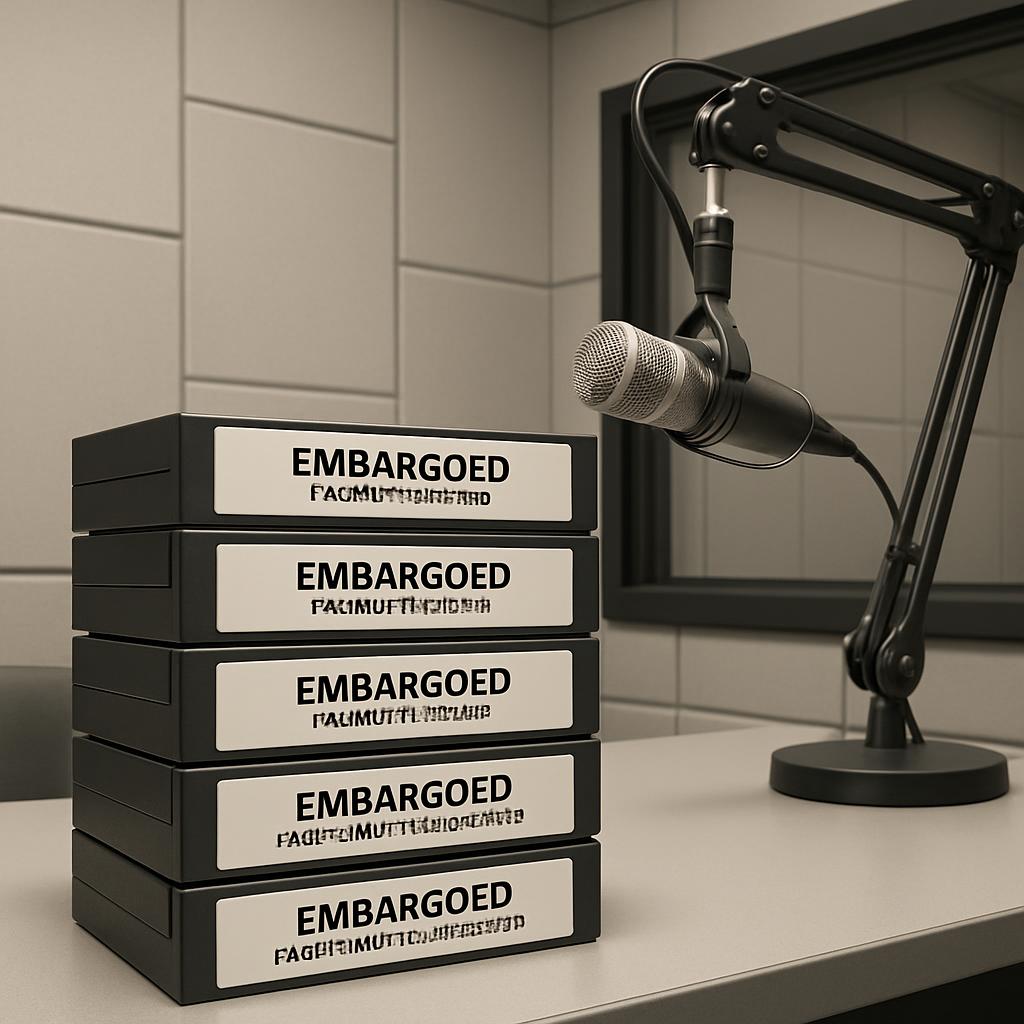 A stack of five VHS tapes on a table in front of a microphone.